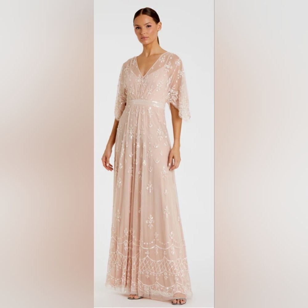 Mac Duggal 9144 V Neck Flounce Sleeve Embellished Mesh Gown NWOT sz 8 Blush Pink